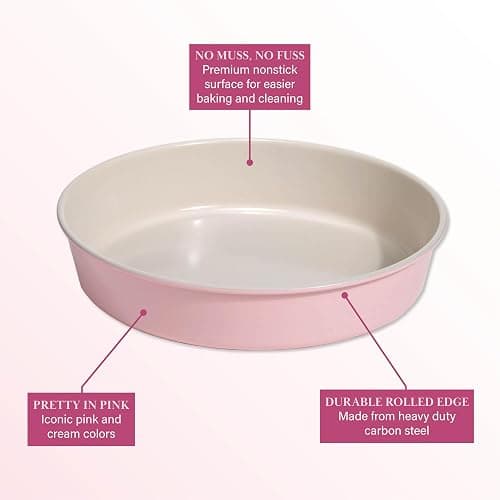 Paris Hilton Nonstick Carbon Steel Bakeware Collection, 9-Inch Round Cake Pan, Dishwasher Safe, Made without PFOA and PFAS, Pink Cream Two-Tone thumbnail 5
