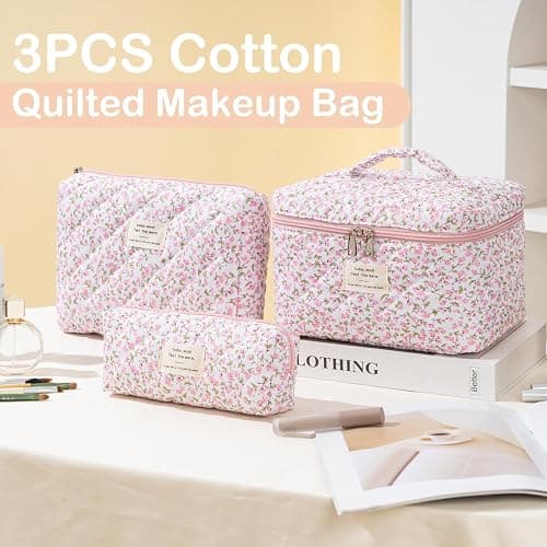 UUYUUY Makeup Bag for Women 3PCS Quilted Cotton Make Up Bag Travel Cosmetic Bag Large Makeup Bag Set Cute Makeups Organizer Floral Toiletry Pouch for Purse, Pink Floral D thumbnail 3