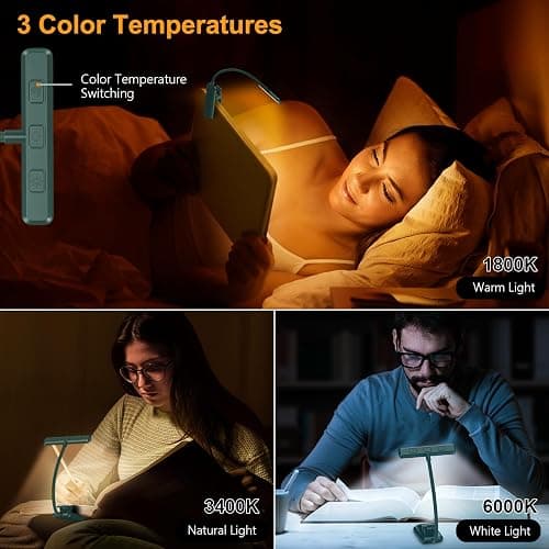 Gritin 19 LED Rechargeable Book Light for Reading in Bed | Eye Caring 3 Color Temps,Stepless Dimming Brightness,Memory Function,90 Hrs Runtime Lightweight Clip on Light-Blackish Green thumbnail 3