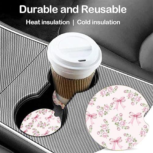 Ceramic Car Coasters – Absorbent Car Cup Holder Coaster Set for Women, Cute Aesthetic Car Accessories for Girls, 2 Pack (Blush) thumbnail 3