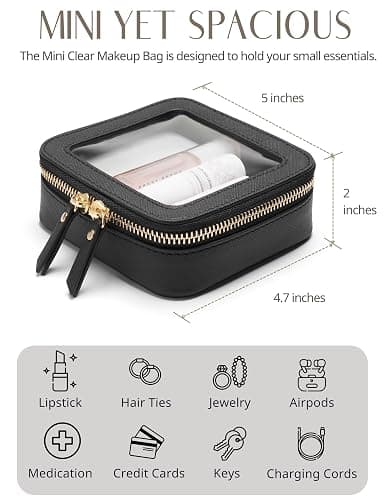 Popvibe Small Clear Makeup Bag for Purse, Travel Cosmetic Case, Black, Mini | Waterproof PU Leather, Transparent Square Make Up Pouch with Zipper, Tiny Toiletry Organizer Bag for Women Car Essentials Bag thumbnail 4