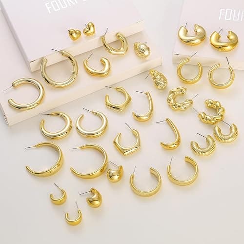 FOURPG 10 Pairs Hypoallergenic Chunky Gold Dangle Earrings for Women Trendy Thick Gold Plated Hoop Earrings Set Lightweight Jewelry thumbnail 4