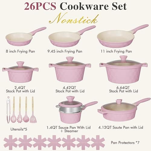 Pots and Pans Set Non Stick, 26PCS Nonstick Cookware Set, Induction Cook Ware, Includes Steamer & Silicone Utensils, Housewarming Gift, Pink Kitchen Cooking Sets w/Frying pan (PFOS, PFOA Free) thumbnail 2