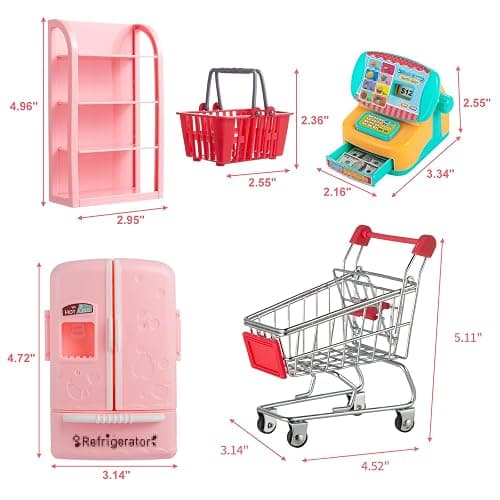 164Pcs Mini Shopping Cart Basket Miniature Food Drink Toy Supermarket Metal Handcart Trolley DollHouse Store Grocery Accessories Kitchen Play Game Party Model Shelves Cash Register Refrigerator Fridge thumbnail 3