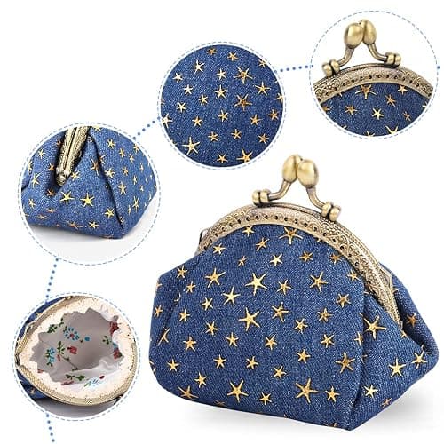 Oyachic Five Pointed Star Coin Purse,Denim Change Pouch,Wallets Buckle with Kisslock Clasp,Coin Holdr,Clutch Handbags for Women Ladies,Navy Blue thumbnail 4