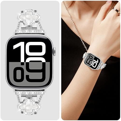 Sixmoat Bands Compatible with Apple Watch Band for Women 38mm 40mm 41mm 42mm 44mm 45mm 46mm 49mm, Bling Bracelet Designer Dressy Clover for iWatch Band Series SE Ultra 11 10 9 8 7 6 5 4 3 (Silver) thumbnail 7