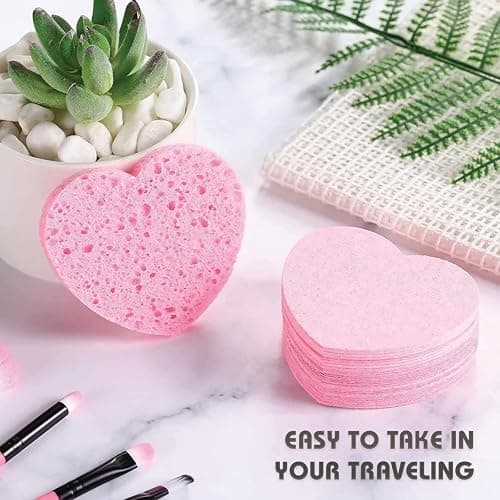 60-Count Compressed Facial Sponges, 100% Natural Cosmetic Spa Sponges for Facial Cleansing, Exfoliating Mask (Pink Heart) - Pink Heart thumbnail 4
