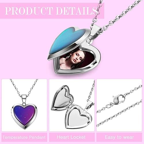Hicarer Heart Mood Locket Necklace for Girls Kids Locket Color Changing Necklace Stainless Steel Temperature Sensing Mood Heart Shape Photo Pendant Birthday Valentines Gift - 4 thumbnail 3