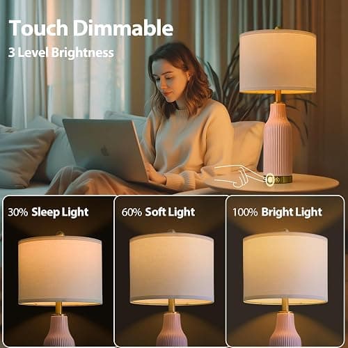 USumkky 24.5" Modern 3-Way Dimmable Touch Control with 5FT Cord & USB A+C Ceramic Lamps Set of 2 Table Lamp for Living Room Bedroom Farmhouse Nightstand Bedside Pink thumbnail 3