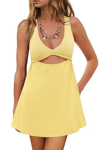 ReachMe Womens Cut Out Dresses Short Sleeveles Mini Dress Summer V Neck A Line Dresses Beach Vacation Dress thumbnail 2