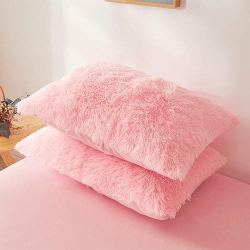 Fluffy Faux Fur Pink Comforter Cover Set Queen - Ultra Soft Plush Pink Bedding Sets 3 Pieces (1 Fluffy Duvet Cover + 2 Faux Fur Pillow case) Cute Bed Set (Light Pink, Queen) thumbnail 9