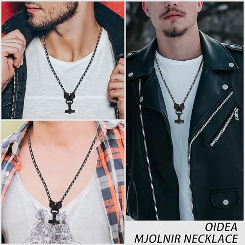 OIDEA Viking Mjolnir Necklace for Men with Wolf Head King Chain, Stainless Steel Viking Amulet Thors Hammer Necklace Pendant Norse Pagan Jewelry thumbnail 6