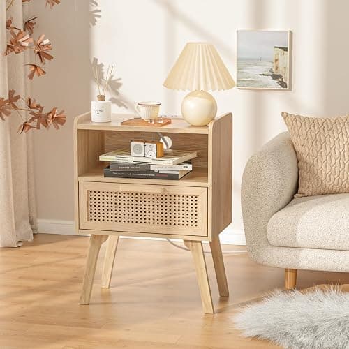 Lerliuo Rattan Nightstands Set of 2 with Charging Station, Boho Night Stand | Handmade Natural Rattan Drawer and Open Shelf, Side End Tables with Solid Wood Legs for Bedroom, Dorm, Small Spaces thumbnail 9