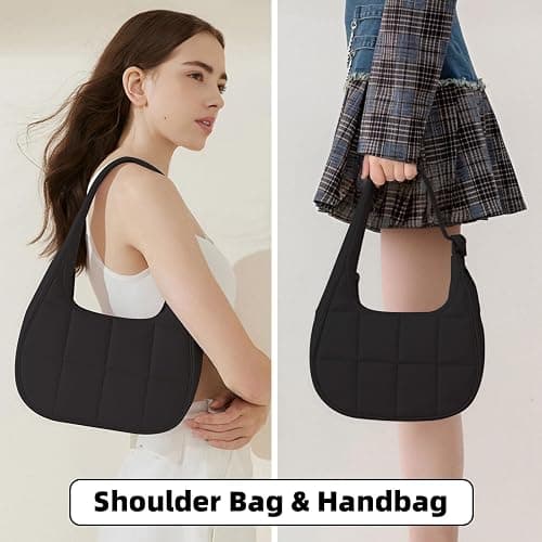 Puffer Crescent Shoulder Bag for Women, Small Puffy Purse for Women, Nylon Quilted Shoulder Purses with Adjustable Strap thumbnail 2