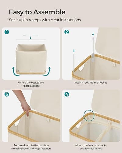 SONGMICS Laundry Hamper with Lid, 2-Section Large Laundry Basket, 34.3-gallon (130L), Removable Mesh Liner, Bamboo Handles, Collapsible, 20.5 x 15.2 x 27.8 Inches, Cream White ULCB513W01 thumbnail 8