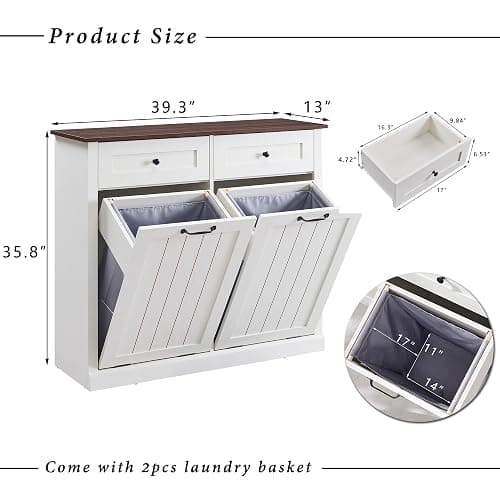 IFGET Double Tilt Out Trash Cabinet, 20 Gallon Farmhouse Laundry Hamper Cabinet with 2 Drawers, Hidden Wooden Trash Can Cabinets with Storage Basket for Kitchen, Living Room (Antique White) - Double Door - Antique White thumbnail 2