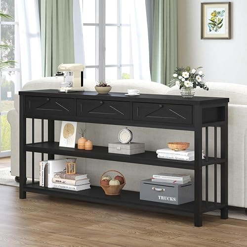 HSH Black Entryway Table with Drawers, 55” Sofa Table with Storage for Living Room, 3 Tier Console Tables with Shelves for Entrance, Wood Metal Entry Hallway Table Behind Couch, Black Oak, 55 Inch - Image 1