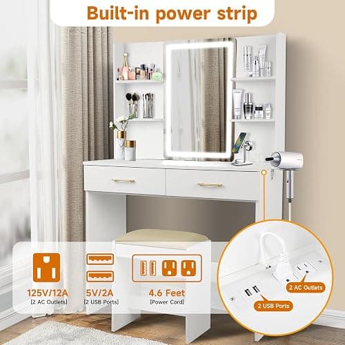 QUALIKRAFT White Vanity Set with LED Mirror & Stool, Makeup Desk with Built-in Power Outlet (2 AC & 2 USB), 2 Large Drawers & 6 Shelves, Lighted Dressing Table for Bedroom Organization thumbnail 5