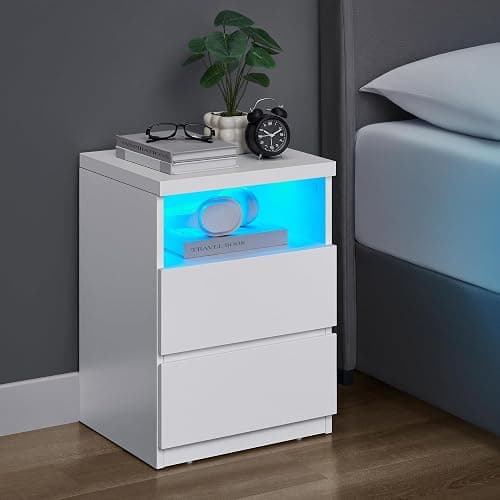 VASAGLE Nightstand with Adjustable LED Light, Bedside Table with Drawers, Side Table, for Bedroom, Modern Minimalist Style, White ULET634T14 thumbnail 2