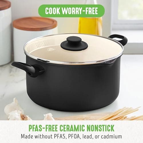 GreenLife 6QT Ceramic Nonstick Stockpot with Glass Straining Lid, PFAS-Free, Dishwasher Safe, Stay-Cool Handles, Oven Safe to 350°F, Wobble-Free Base, Even Heating, Black thumbnail 2