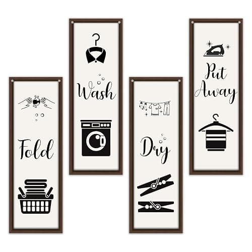 4 Pcs Laundry Room Decor, Put Away Fold Wash Dry Decor Wooden Sign, Funny Minimalist Laundry Wooden Hanging Sign, Rustic Wall Art For Laundry Bathroom Restroom Washroom Home Farmhouse A24 - Image 1