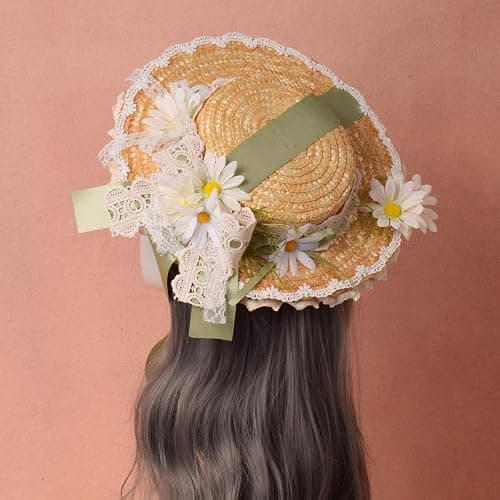 COSDREAMER Girls Women Tea Party Sun Hat Lace Ribbons Straw Hats Small thumbnail 5
