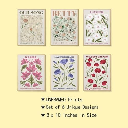 CEKEIOLMLW Stunning Cute Flower Music Song Lyrics Inspired Poster Set for Teen Girl Print Wall Art Pop Country Folk Singer Midnights Floral Dorm Preppy Room Decor Unframed 6pcs 8x10in thumbnail 6