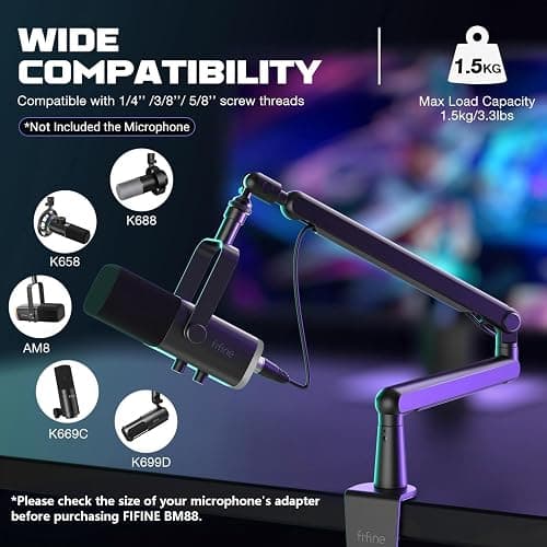 FIFINE Microphone Boom Arm, Low Profile Adjustable Stick Microphone Arm Stand with Desk Mount Clamp, Screw Adapter, Cable Management, for Podcast Streaming Gaming Studio-BM88 thumbnail 4