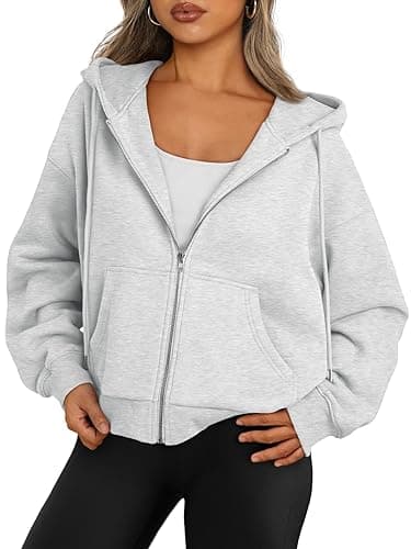 Trendy Queen Zip Up Hoodies For Women Cropped Sweatshirts Fall Fashion Outfits 2025 Y2k Fleece Teen Girls Clothes - Grey - Medium