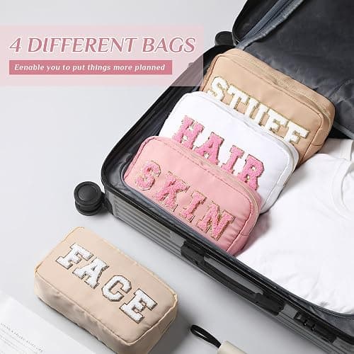 Remerry 4 Pcs Nylon Cosmetic Bag Travel Organizer Chenille Letter Makeup Pouch Zipper Preppy Waterproof Hair Bag Toiletry Pouch for Women Girls(Light Brown, Beige, Light Pink, White) - Light Brown, Beige, Light Pink, White thumbnail 4