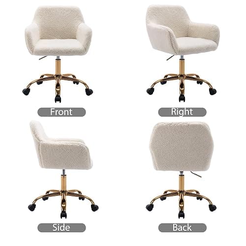 KCC Faux Fur Office Desk Chair, Comfy Swivel Armchair with Wheels, Upholstered Fuzzy Vanity Chair, Adjustable Height, White thumbnail 7