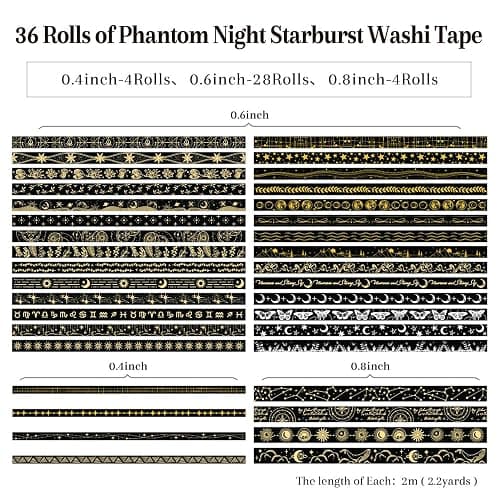 icceemee 36 Rolls Starry Theme Washi Tape Set with Celestial Patterns - Writeable Decorative Tapes for Scrapbooking, Junk Journal Supplies, Bullet Journaling 0.6" x 79" per Roll thumbnail 2