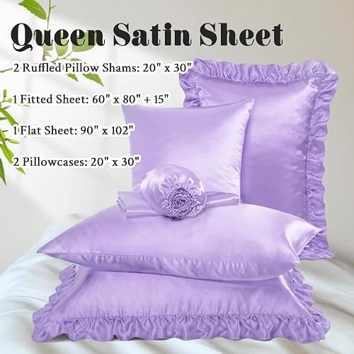 Homiest Ruffled Satin Sheets Queen Size 6pc Set, Lavender Purple Silk-Like | Silky Smooth With Pearlescent Finish, 15-Inch Deep Pocket With Ruffled Pillowcases, Gentle On Hair And Skin, Anti-Pilling thumbnail 3