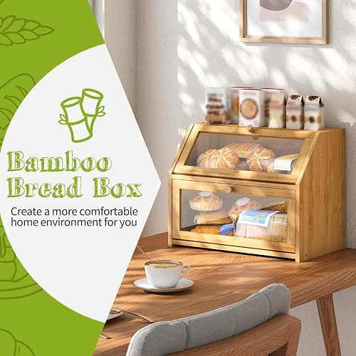 BMOSU Farmhouse Bread Box for Kitchen Countertop Bread box Double Layer Bamboo Wooden Extra Large Capacity Bin Kitchen Food Storage Container(Natural) thumbnail 3