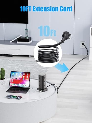 Flat Plug Power Strip Tower Surge Protector, 10FT Flat Extension Cord with Multiple Outlets, 12 AC Outlets, 4 USB Ports (2 USB C) Charging Station for Office Home Dorm Room Travel (Black) thumbnail 6