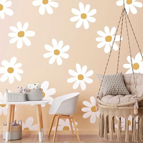 TaoBary 12 Sheet Daisy Wall Sticker Decal Removable Cute Daisy Bedroom Room Decor Flower Wall Sticker Pink White Flower Decal Wallpaper Peel and Stick for Nursery Home(White, Yellow,Vintage Style) - Image 1