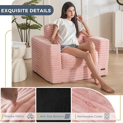 ❤️MAXYOYO Giant Bean Bag Chair for Adults, Upholstered Floor Sofa with Pillows and Armrests, Large Bean Bag Sofa Plush Chair Bean Bag Couch for Bedroom Living Room, Pink thumbnail 4