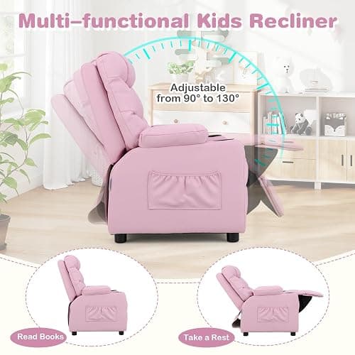 Costzon Kids Recliner Chair with Cup Holder, Adjustable Lounge Chair w/Footrest & Side Pockets for Children Boys Girls Room, Ergonomic Toddler Furniture Sofa, Kids Recliner (Pink) - Pink - 26” x 28” x 34” (L x W x H) thumbnail 4