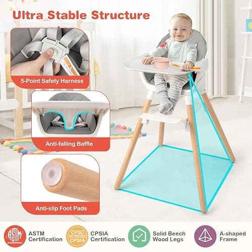 HONEY JOY Baby High Chair, 6 In 1 Convertible Wooden Highchair for Babies and Toddlers/Toddler Chair/Bar Stool, Removable Double Tray & Reversible Footrest, Safety Harness for Infant Boys Girls (Gray) thumbnail 8