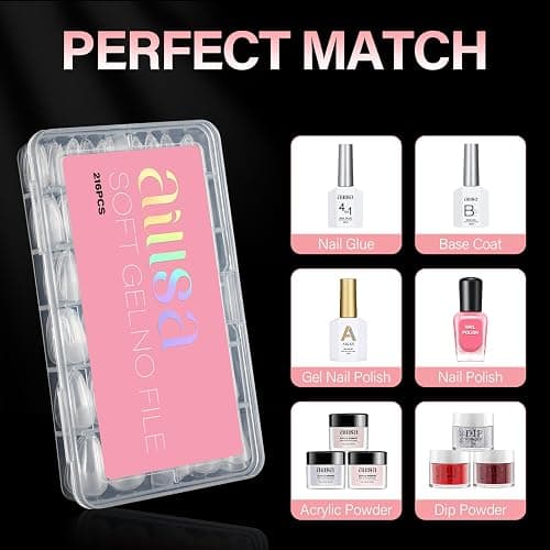 AILLSA Medium Almond Nail Tips Gel Half Matte Acrylic Nail Tips Clear Gelly Full Cover Pre-Filed Press on Nail tips Fake Nails For Extentions Manicure Salon Home DIY 216PCS 12 Sizes thumbnail 7