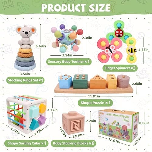YHHYTOY 6-in-1 Montessori Baby Toys 0-6 6-12 Months, Infant Toys Baby Gifts | 4 5 6 Month Old Baby Toys, Soft Stacking Blocks Rings Shape Sorter Sensory Baby Suction Spinners, Baby Gifts for Girls Boys thumbnail 2