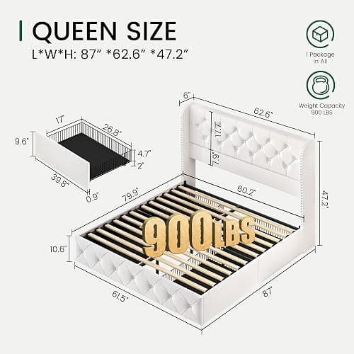 LARMACE Queen Size Bed Frame with 4 Storage Drawers and Wingback Headboard Velvet Upholstered Platform Bed Frame Tufted Beds with Wooden Slats Support, Easy Assembly, White thumbnail 2