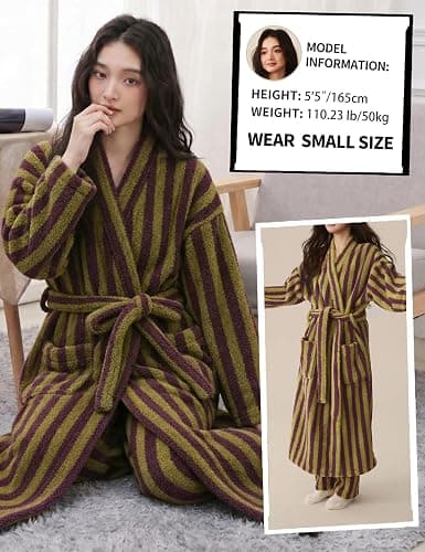 Arssm Womens Striped Fluffy Robe Long Plush Fuzzy Warm Bathrobes | Cozy Thick Loungewear, Maxi Robe, Color Block, Housecoat thumbnail 5