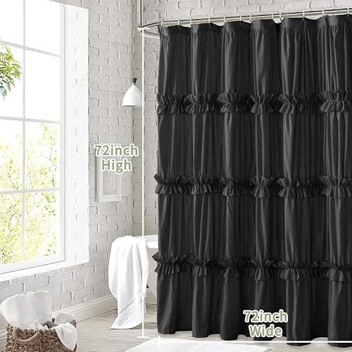BRHF Farmhouse Ruffle Shower Curtain with Handmade Ruched, Vintage Ruffled Fabric Bathroom Curtains, Decorative Elegant Bathroom Curtain with 12 Holes, Black, 72" W x 72" H(N60049) thumbnail 5