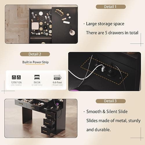 TOKSOM Makeup Vanity with Lights & Charging Station, Black Vanity Table with 5 Drawers & Open Storage Shelves, Bedroom Makeup Dressing Table Set for Women Girls Golden Handles thumbnail 6