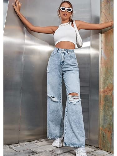 CHEZVOGUE Women's High Waisted Ripped Wide Leg Denim Pants Casual Loose Fit Jeans thumbnail 5