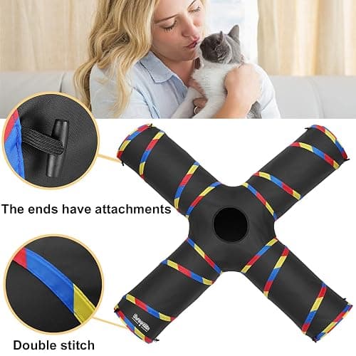SweetBin 4 Way Large Cat Tunnels for Indoor Cats - 10" Diameter & 47" Long Play Tunnel Toy - Cat Tube with Play Ball & Mouse Toy - Interactive Peephole (Black) thumbnail 4