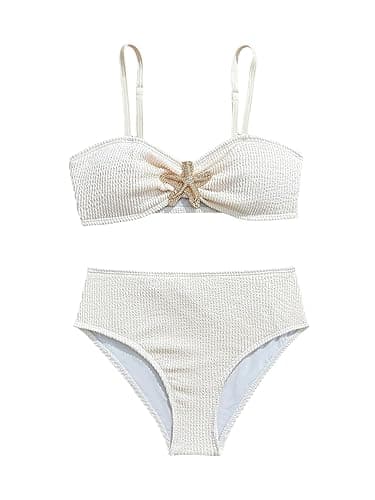 RoseSeek Girl's 2 Piece Padded Bathing Suit Wireless Starfish Swimsuit Spaghetti Strap Vacation Beachwear Set - 10 Years - Apricot