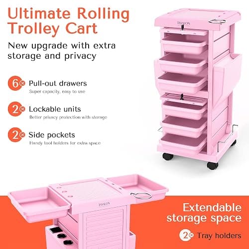 TASALON Professional Salon Trolley Cart, Lockable 6 Trays & 2 Holders, Space Saving Mobile Storage for Hair Salon and Beauty Station​ - Pink thumbnail 2