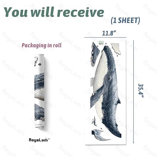 RoyoLam Humpback Whale Wall Decals Removable Ocean Theme Vinyl Stickers for Bathroom Nursery and Kids Playroom Realist Style Decor Peel and Stick Wall Art thumbnail 2